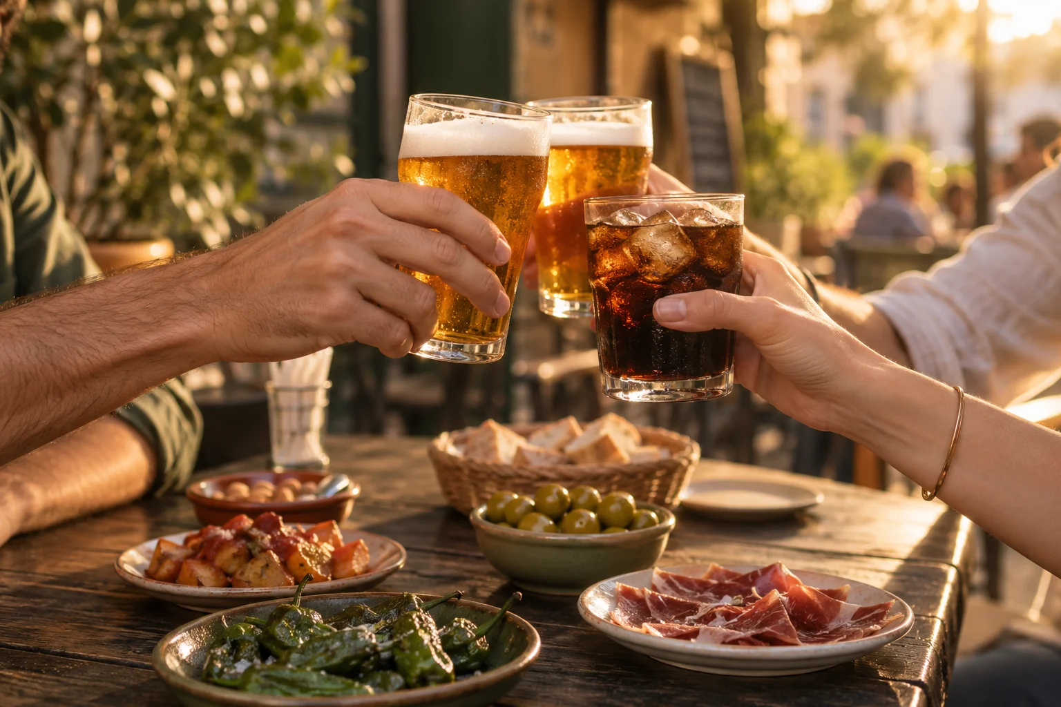 Amigos brindando y compartiendo tapas en una terraza al atardecer