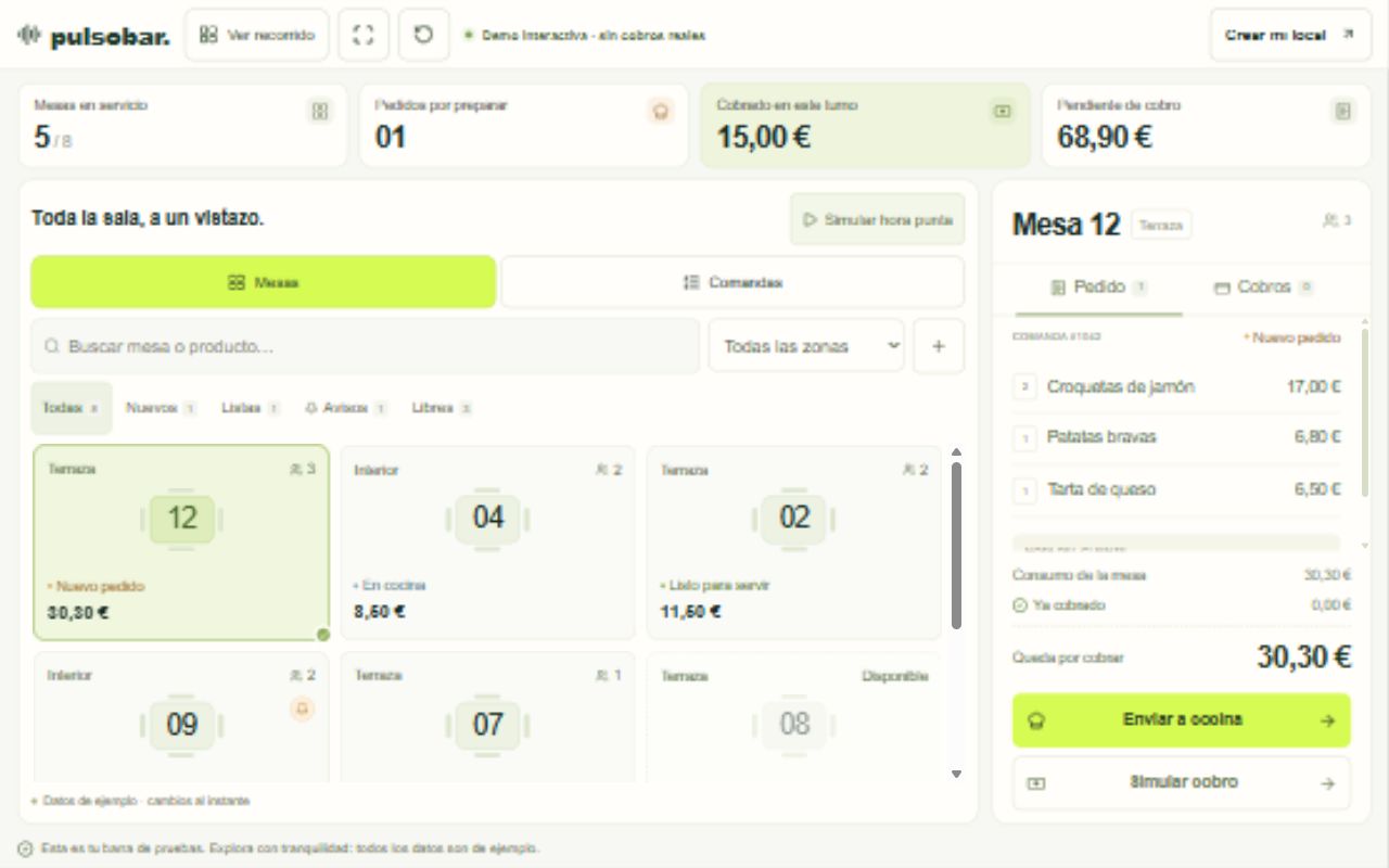 Demo de Pulsobar en tablet horizontal: mesas y detalle del pedido visibles a la vez